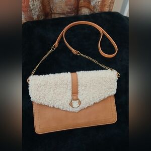 Women's Universal Thread Tan Faux Leather Cream Sherpa Trim Purse Handbag